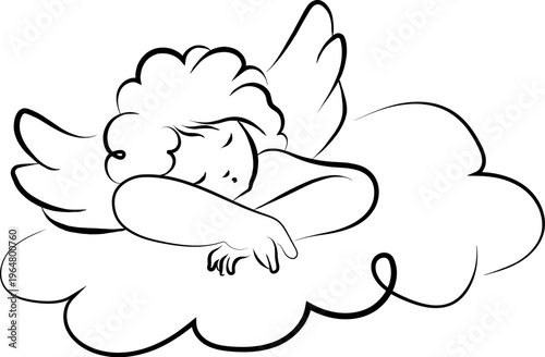Angel Sleeping On Cloud Line Art
