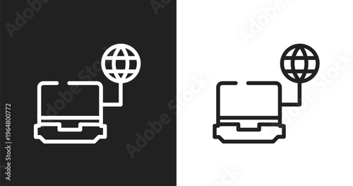 Computer connected to internet icon. Linear black, white icon from cloud computing collection. Outline computer connected to internet icon vector. Thin line symbol for use on web and mobile apps,