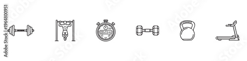 Set of Minimalist Fitness and Gym Equipment Icons featuring Barbell, Pull-up, Stopwatch, Dumbbell, Kettlebell, and Treadmill in Vector Line Art Style.