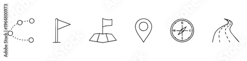 Vector Set of Navigation and Travel Outline Icons including Route, Flag, Map Marker, Compass, and Road
