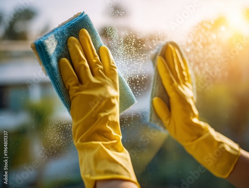 Hands Clean Windows With Sponges in Bright Light During Afternoon Hours