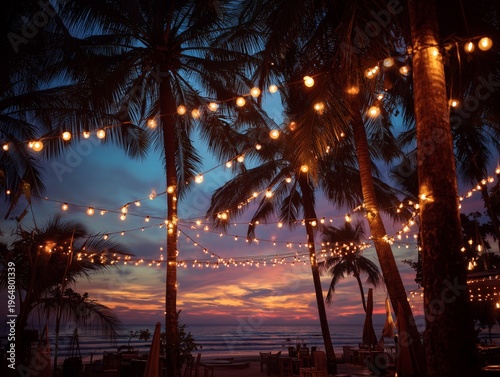 Ocean Sunset With Lights and Palm Trees Along a Beach on a Warm Evening