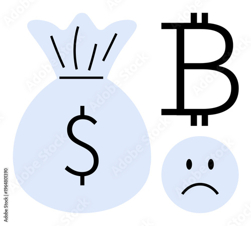 Cryptocurrency concept. Cryptocurrency symbols including Bitcoin and money bag signify digital currency with fluctuations. Cryptocurrency evokes ideas of finance, risk, and market trends. For digital