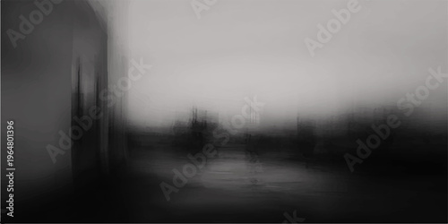 atmospheric, blurry cityscape in a grayscale composition evoking a sense of mystery and movement, as urban forms fade into an abstract, dreamlike state.
