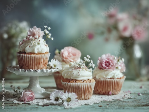 Cupcakes Decorated With Flowers Placed on a Table at a Gathering in a Bright ...