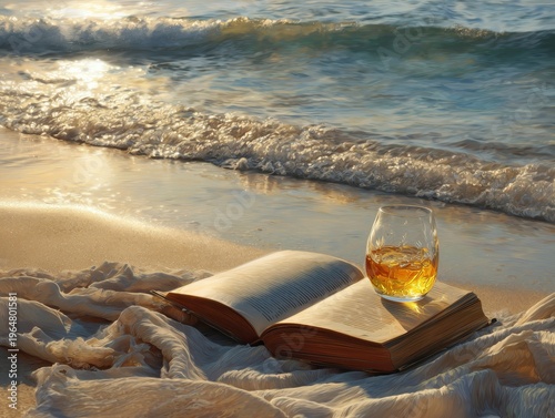 Reading a Book and Enjoying a Drink on the Beach During Sunset by the Waves
