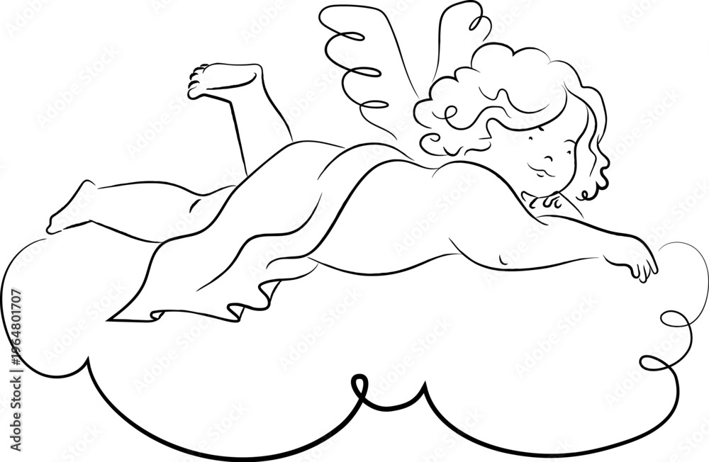 Fototapeta premium Cherub Sleeping On Cloud Line Art