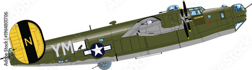 B24 Liberator WW2 Bomber Plane Vector Illustration Side Profile Icon
