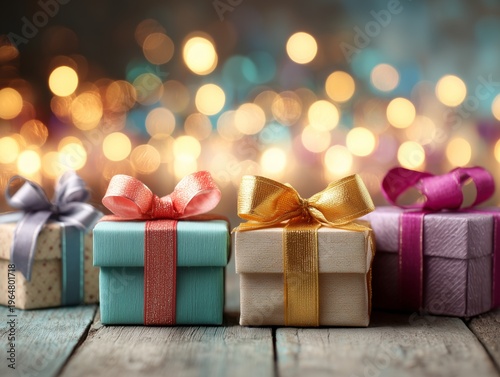 Colorful Wrapped Gifts on Wooden Table With Lights in Background During Festi...