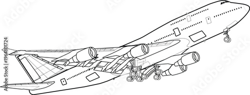 747-400 Jumbo Jet Airliner Wide Body Passenger Aircraft Vector Illustration Outline
