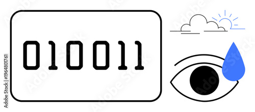 Technology, digital data, emotional expression, cybersecurity, artificial intelligence, and coding concepts. Binary code alongside an eye with a teardrop and abstract weather elements. Technology