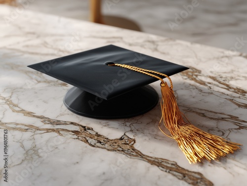 Graduation Cap Placed on Marble Table in Bright Room During Daytime
