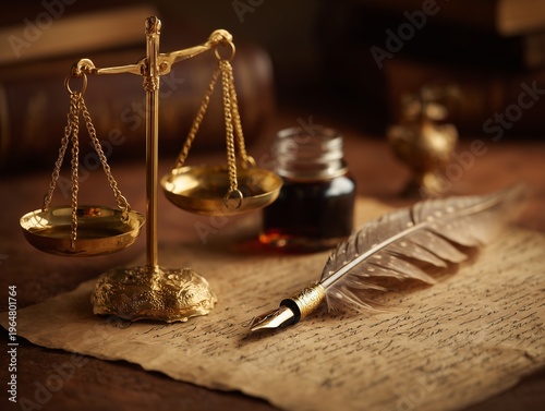 Balance Scales and Quill on Wooden Table With Ink and Old Books in Dim Light