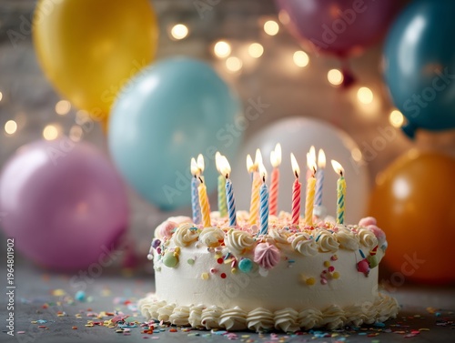 Celebration With Cake, Candles, and Balloons at a Party in a Decorated Room