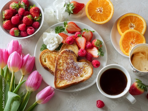 Heart-shaped Toast With Strawberries and Raspberries on a Plate With Coffee a...
