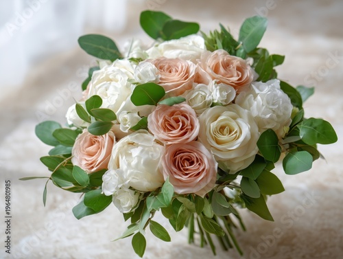 Beautiful Bouquet With Roses and Greenery Arranged for Wedding Ceremony in Br...