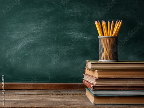 Classroom Supplies on a Desk With Books and Pencils at Midday