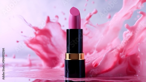 Lipstick Stands Amid Pink Liquid Splash in Bright Light Setting