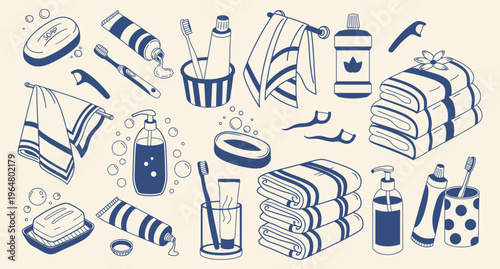 Hand drawn bathroom hygiene and personal care items set. Soap, toothbrush, toothpaste, dispenser and towels. Minimal blue line set for skincare packaging.