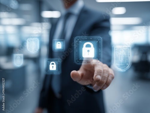 Touching a Digital Lock Symbol in an Office Environment During a Working Day