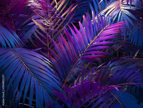 Colorful Palm Leaves in a Vibrant Light Display at Night