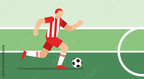 Man football player kicking the ball on a green field. Flat sports event design concept. Vector illustration for banner, poster, web