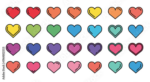 Many colorful pixel heart icons set for social media application or dating site button design. Love and romance concept vector illustration