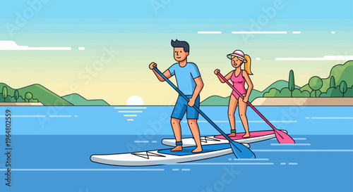 Man and woman stand up paddleboarding on ocean water with mountain background. Summer activity vector illustration