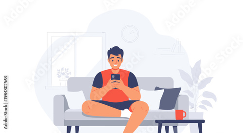 Man sitting on a couch with a phone. Relaxed communication, remote work, or social media concept. Flat vector illustration for website, banner, or app