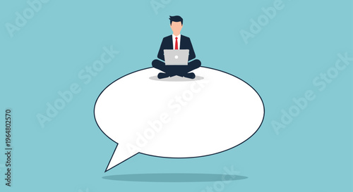 Man use laptop while sitting above large blank speech bubble. Online communication, social media, internet conversation concept. Vector illustration
