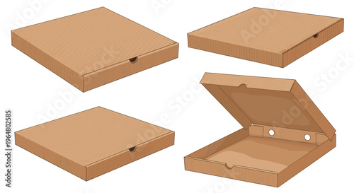 pizza box cardboard isometric view and open brown package empty container. Delivery concept. Vector illustration
