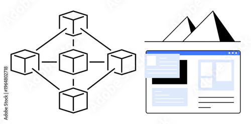Blockchain, data networks, web development, digital connectivity, decentralized systems, technology trends. Geometric blockchain structure, web design and pyramid visual elements. Blockchain