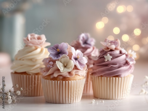 Cupcakes With Floral Decorations on a Table With Soft Lighting in a Cozy Setting