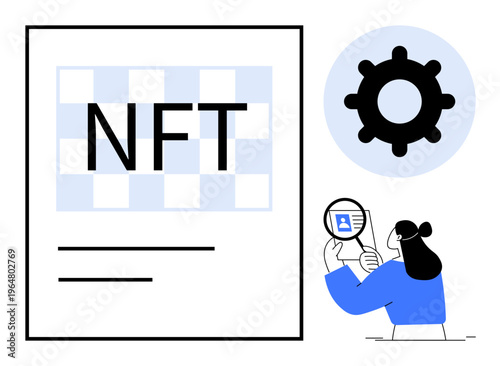 NFT concept. NFT illustrated with digital asset identification, a cogwheel blockchain, and an individual examining data. Usage cryptocurrency, blockchain, digital art, tech identity, and web security