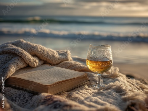 Reading a Book and Enjoying a Drink on the Beach During Sunset by the Waves