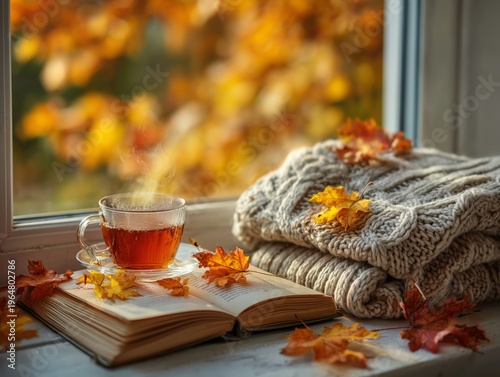 Warm Tea and Cozy Sweater Near a Window With Autumn Leaves on a Sunny Day