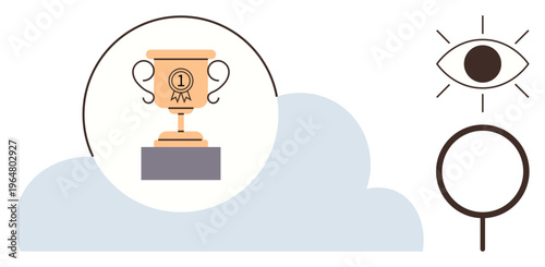 Achievement, success, goal recognition, vision clarity, exploration, focus. Trophy on a pedestal within a cloud, alongside an eye and magnifying glass symbols. Achievement and vision clarity concept
