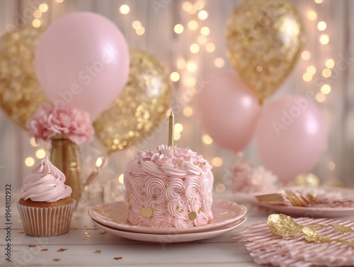 Celebration Cake With Pink Frosting and Decorations in a Bright Room With Bal...