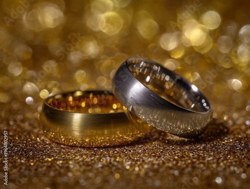 Two Wedding Rings Displayed on a Shimmery Background During a Celebration