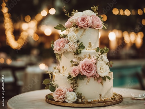Beautiful Wedding Cake With Pink Roses at Outdoor Celebration During Evening