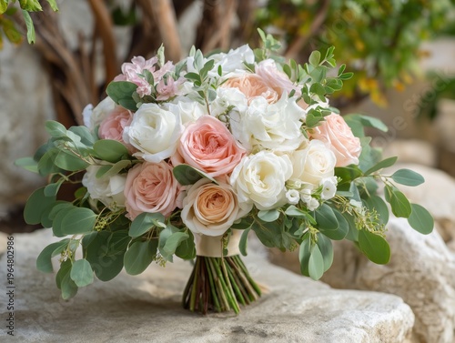 Bouquet of Roses and Greenery Arranged on a Light Surface for Decoration