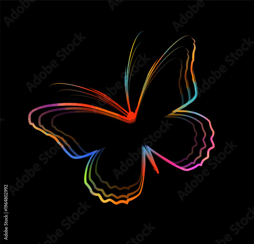 Butterfly with a brush line on a black background. Butterfly colored silhouette, art brush instead of body, flat vector, contour drawing, Hand drawn. Not AI