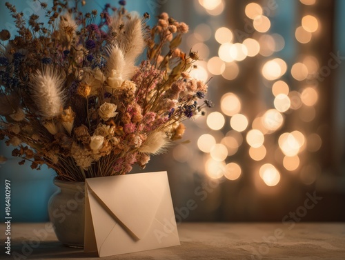 Flowers in a Vase With a Card on a Table Near Windows During Evening