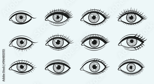 Dozen of hand drawn female eyes with various eyelashes and eyebrow styles representing vision and expression. Tattoo concept. Vector illustration on light background