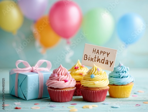 Cupcakes With Colorful Frosting and Birthday Decorations at a Celebration