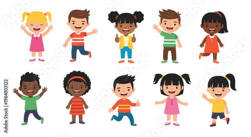 Group children cartoon celebrating happy joy event multi-ethnic diversity kid boy girl. Concept education fun. Vector illustration isolated