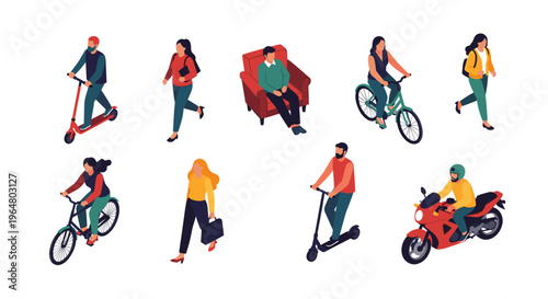 Group of isometric men and women using various urban transport and relaxing in an armchair, flat vector illustration