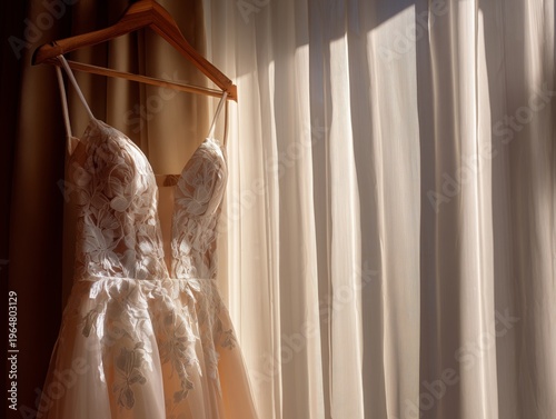 Beautiful Wedding Dress Hanging by Window With Soft Light Shining Through Cur...