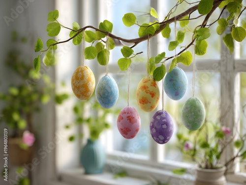 Colorful Eggs Hanging on a Branch in a Bright Room During Spring Time