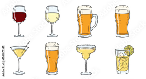 Hand drawn style alcoholic beverage collection including wine, beer, and cocktails. Drink menu and bar concept. Vector illustration for restaurant